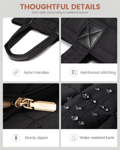 Détails de la poignée en nylon, coutures renforcées et tissu imperméable sur sac cabas noir