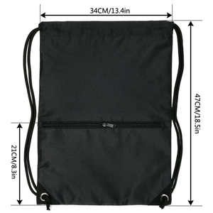 Waterproof drawstring backpack with front zipper pocket and reinforced metal eyelets in black
