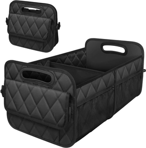 Detail of black car trunk organizer with diamond quilt texture and foldable design