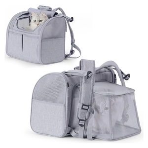 Expandable pet backpack for cats in light grey with breathable mesh and large space