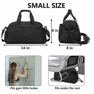 Lightweight black gym bag 14x8x8 inch showing storage for travel and gym use