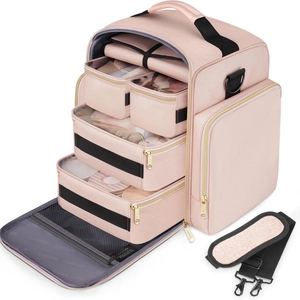 Pink travel makeup organizer bag with 4 detachable cases and jewelry roll for storage