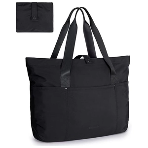 Detailed view of foldable black nylon tote bag showing expanded form and compact folded state