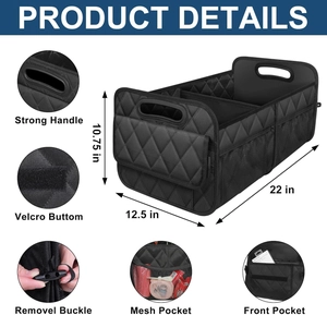 Detailed infographic showing foldable car trunk organizer dimensions and quilted fabric features