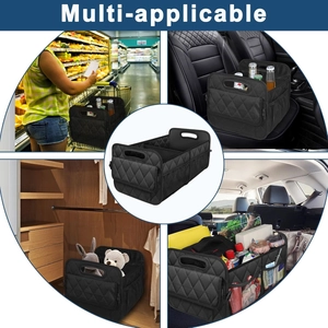 Foldable black car trunk organizer with diamond pattern quilting and multi-compartment storage