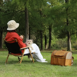 Brown breathable pet backpack shown in an outdoor camping forest setting with a cat