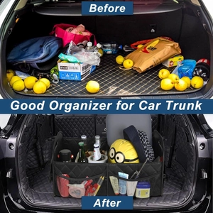 Foldable black diamond pattern car trunk organizer with dual compartments and side mesh pockets