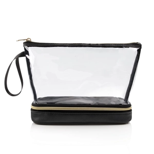 Détail de la trousse cosmétique double couche en PVC transparent avec zips dorés et poignée