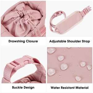 Detail of pink waterproof oxford cloth bottle carrier with drawstring and buckle closure