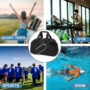 Versatile black gym bag for short trips, sports, and swimming with adjustable shoulder strap