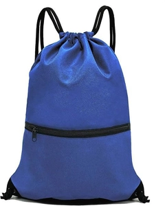 Detail view of royal blue waterproof drawstring backpack with reinforced corner stitching