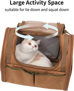 Expandable brown canvas pet backpack with mesh windows and large activity space