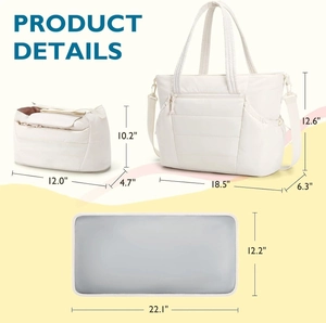 White quilted diaper bag set including a large tote, organizer bag, and changing mat