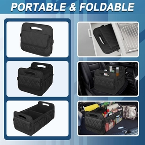 Detailed view of black foldable car trunk organizer with diamond quilting and multi-compartments