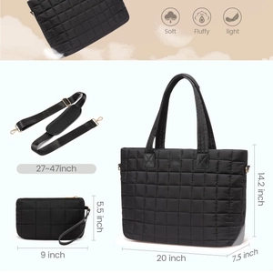 Grand sac fourre-tout noir matelassé avec pochette assortie pour femme en style puffer