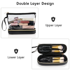 Trousse de maquillage double couche en PVC transparent avec compartiment à pinceaux