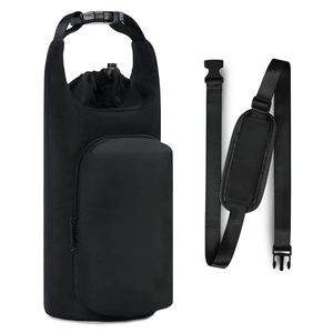 Detail view of black oxford water bottle sleeve with front zipper pocket and shoulder strap