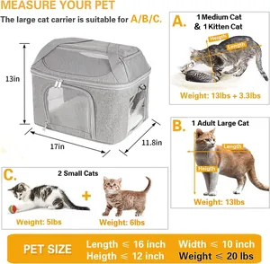 Size chart for large foldable cat carrier with detailed dimensions and pet weight limits