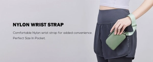 Close-up of green nylon wristlet coin purse with smooth zipper and secure hand strap