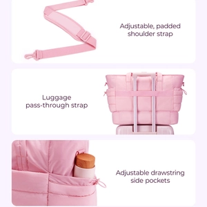 Pink quilted travel duffel with adjustable padded strap, luggage sleeve and side drawstring pocket