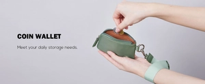 Close-up of waterproof dark green nylon coin wallet with metal hook and zipper closure