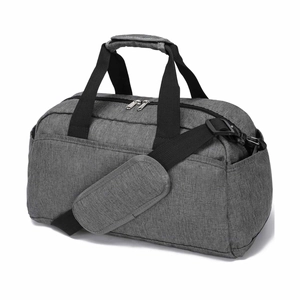 Detail of lightweight heather grey gym bag showing reinforced handles and padded strap