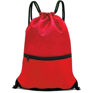 Detail view of red drawstring sports backpack with black front zipper pocket and reinforced corners