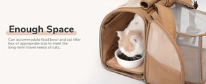 Brown pet carrier bag with large interior showing a cat eating from a bowl inside