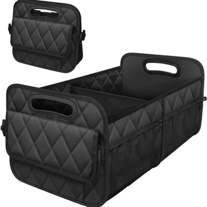 Large Foldable Car Trunk Organizer Diamond Lattice Storage Box Multi Compartments Waterproof Fabric Auto Interior Accessory Black
