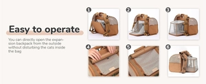 Detail guide of expandable pet carrier showing folding mesh and zipper operations