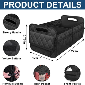 Foldable car trunk organizer with diamond quilting and multiple compartments, 22x12.5x10.75in