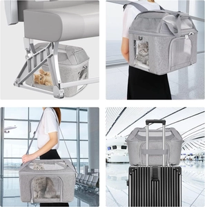 Multi-functional grey pet carrier shown in cabin, on back, shoulder, and luggage handle