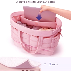 Pink quilted tote bag with a padded 15.6-inch laptop compartment and 2mm thick lining