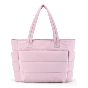 Quilted light pink nylon tote bag for women featuring large capacity and lightweight design