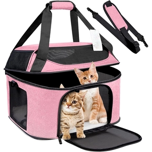 Pink portable pet carrier with breathable mesh windows and comfortable padded handle
