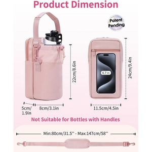 Pink waterproof water bottle holder bag with phone pocket and adjustable strap