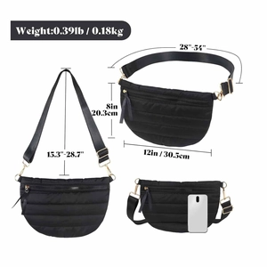 Detailed size guide of black quilted belt bag showing dimensions and phone size comparison