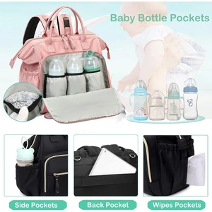Detail of baby diaper bag showing insulated bottle pockets and anti-theft rear pocket