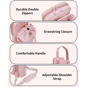 Pink waterproof water bottle pouch with dual zippers, drawstring pocket and shoulder strap