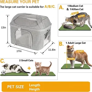 Size chart for foldable pet carrier with dimensions and capacity for cats up to 20 lbs