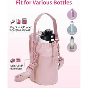 Pink water bottle carrier bag showing compatibility with 20oz, 24oz, and 32oz sizes