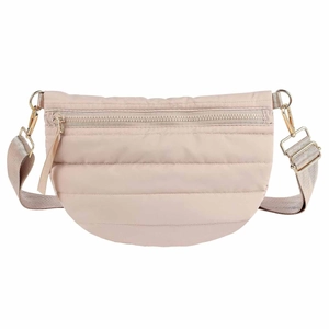 Detail of the champagne quilted crossbody bag featuring smooth nylon fabric and gold hardware