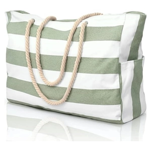 Large Capacity Waterproof Sandproof Beach Bag Foldable Polyester Tote Bag With Rope Handle Striped Travel Storage Bag For Women