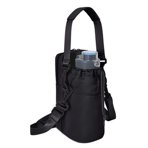 Detail view of water bottle pouch with adjustable shoulder strap and zipper pocket