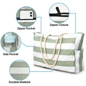Large waterproof beach tote bag with sage green stripes and cotton rope handles