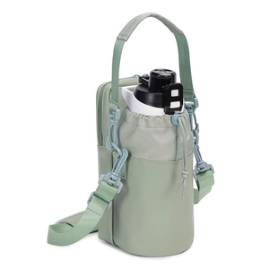 Detail view of sage green water bottle pouch with drawstring and zipper phone pocket