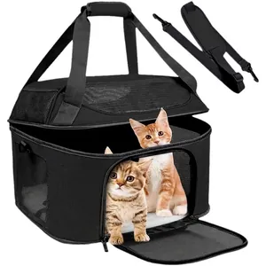 Portable black pet carrier bag with breathable mesh and detachable shoulder strap for cats