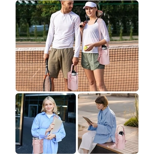 Pink insulated water bottle carrier with phone pocket and adjustable shoulder strap