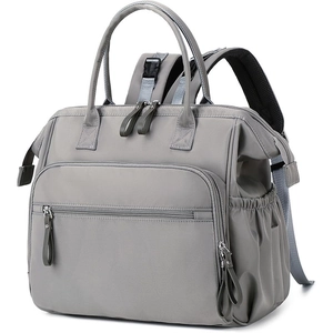 Close-up of gray waterproof baby diaper bag with side pockets and durable metal zippers