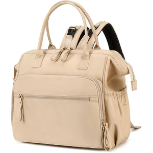 Waterproof beige diaper backpack with large storage and stroller straps for travel
